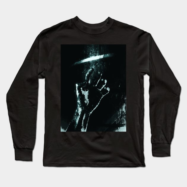 Digital collage and special processing. Person looking on his hand. Bizarre, dark. Grayscale and aquamarine. High contrast. Long Sleeve T-Shirt by 234TeeUser234